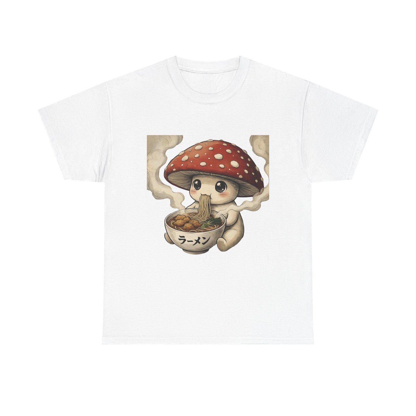 Kawaii Mushroom Eating Ramen Tee | Mushroom Character T-Shirt Fungi Magic Mushroom Shirt Mycology Kawaii Style Cozy Anime Style