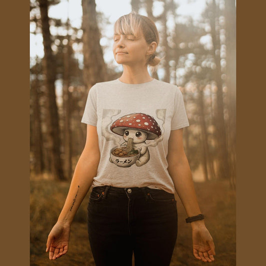 Kawaii Mushroom Eating Ramen Tee | Mushroom Character T-Shirt Fungi Magic Mushroom Shirt Mycology Kawaii Style Cozy Anime Style