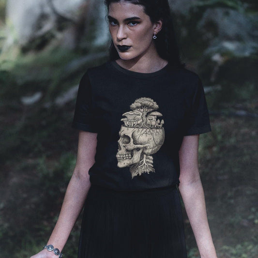 Skull Mushroom T-Shirt | Gothic Botanical Graphic Tee Dark Nature Shirt Witchy Skull Top Unisex Cotton Tee Magic Mushrooms Fungi Mycology