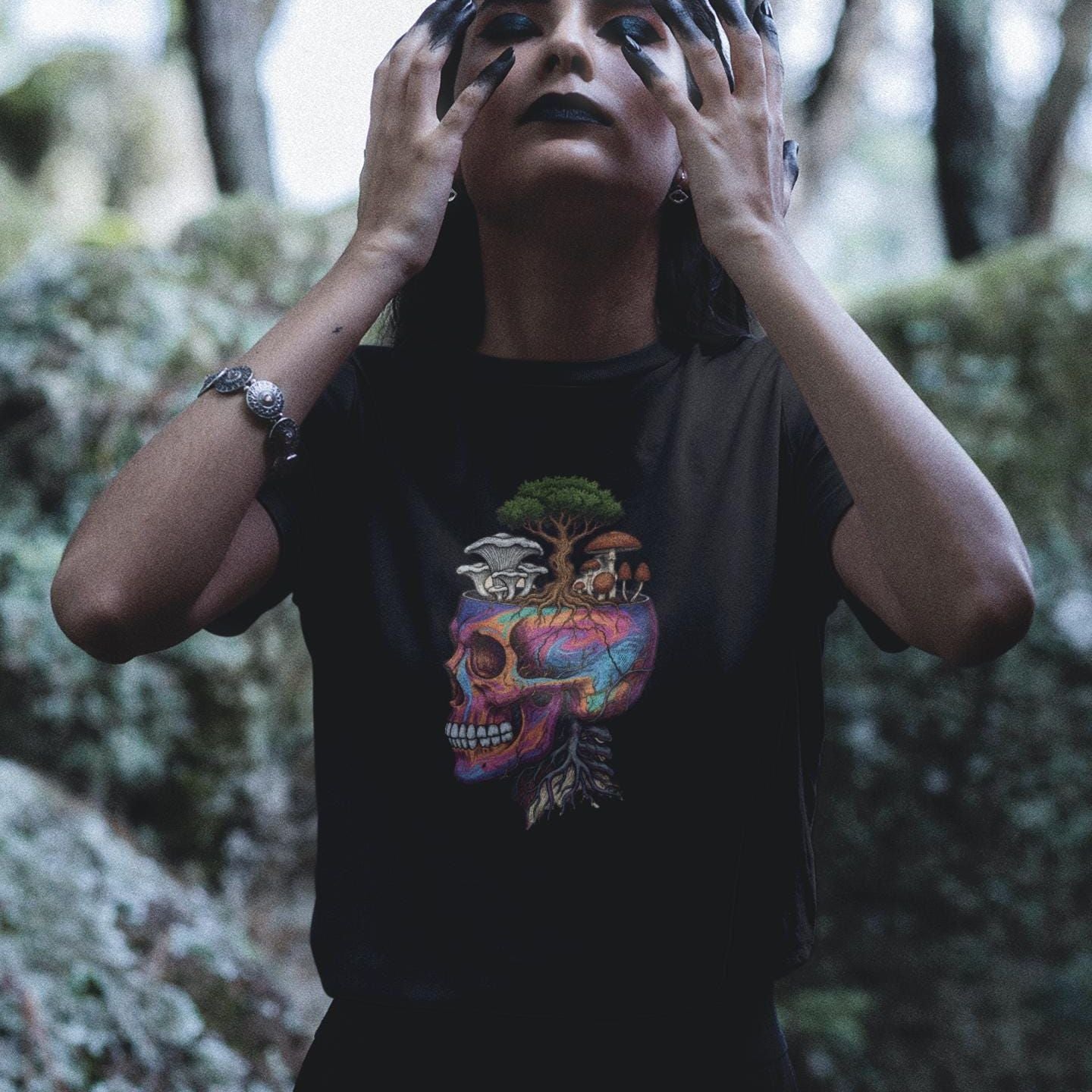 Colorful Skull Forest T-Shirt Psychedelic Botanical Graphic Tee Art Skull Nature Shirt Illustration Top Unisex Cotton Mushroom Tee Fungi