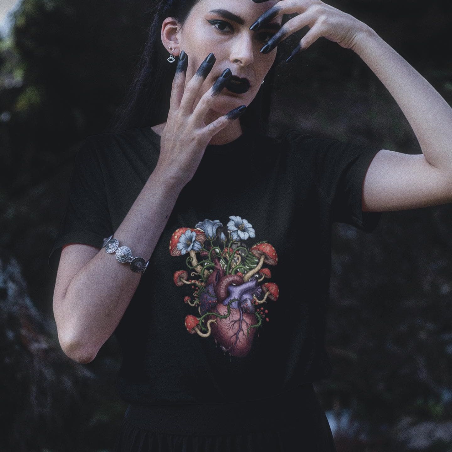 Heart Mushroom T-Shirt | Dark Botanical Graphic Tee Gothic Nature Shirt Witchy Floral Heart Top Unisex Cotton Tee Magic Mushroom Fungi