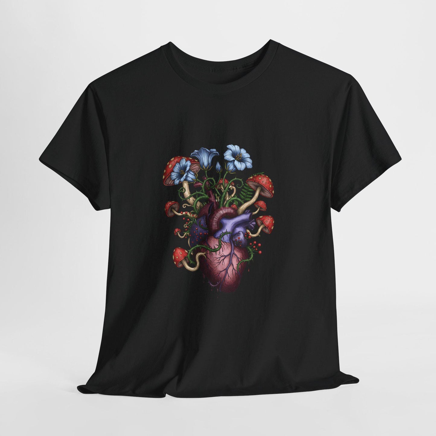 Heart Mushroom T-Shirt | Dark Botanical Graphic Tee Gothic Nature Shirt Witchy Floral Heart Top Unisex Cotton Tee Magic Mushroom Fungi