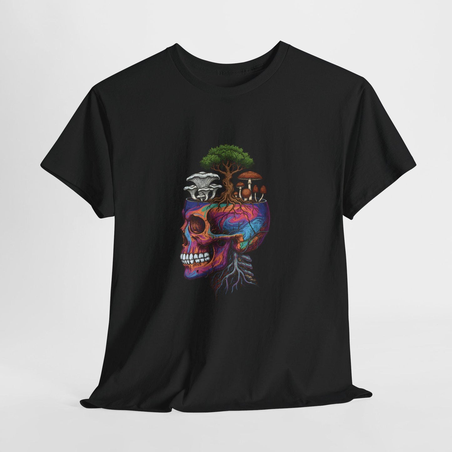 Colorful Skull Forest T-Shirt Psychedelic Botanical Graphic Tee Art Skull Nature Shirt Illustration Top Unisex Cotton Mushroom Tee Fungi